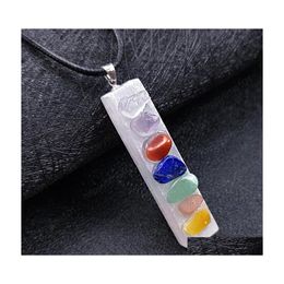 Pendant Necklaces Irregar Square Shape Pendant 7 Chakra Pendum Necklace Gypsum Stick Inlay Healing Gemstone Reiki Crystal Nce Energy Dhslk