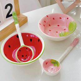 Bowls Cartoon Ceramic Bowl Strawberry Watermelon Spoon Children Cute Rice Soup