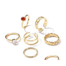 Band Rings Vintage Gold Mix Size 6Pc S/Set Ring Sets For Women Girls Punk Geometric Gemstone Chain Link Finger Rings Jewelry Gifts D Dhycd