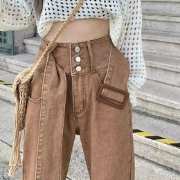 Women's Pants Capris Biyaby Autumn High Waist Women Jeans Vintage Brown with Belt Flared Female Fashion Street Loose Denim Trousers 221201