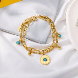 Charm Bracelets Multilayer Retro Punk Blue Stone Stainless Steel Layered Golden Pendant Bracelet For Women Gothic Bead Jewellery