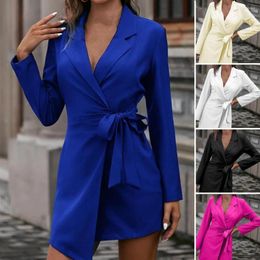 Women's Suits Lapel Long Sleeve Candy Color Women Blazer Autumn Lace-up Mid-length Outerwear