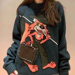 Women Sweaters Pullover Fox Design Embroidery Green Long Sleeve Sweater Knits Classic Apparel Winter Warm Clothing