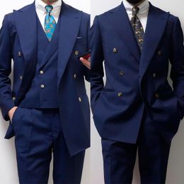 Men's Suits Dark Blue Men Suit 2 Pieces Slim Tailor-Made Fashion Double Breasted Blazer Pants Formal Wedding Business Prom Causal Tailored