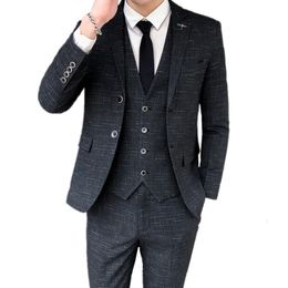 Men's Suits Blazers Fashion Casual Boutique Business Plaid Dress Suit Male Slim Blazer Jacket Coat Trousers Pants Vest Waistcoat 3 Pcs Set 221201