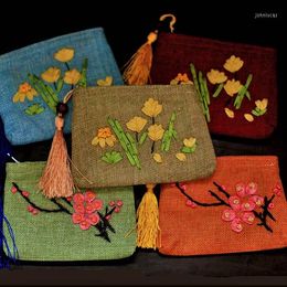 Gift Wrap Hand Ribbon Embroidery Small Zipper Pouch Christmas Burlap Bags Bunk Fabric Tassel Card Holder Coin Purse 10pcs/lot