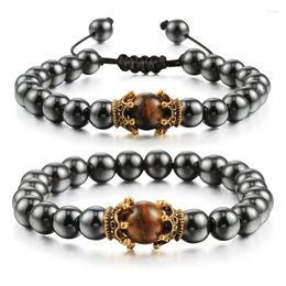 Strand Bead Bracelet Jewelry Men Hematite Natural Stone Charm Antique Crown Handmade Bracelets Magnetic Health Protection Friend Gifts