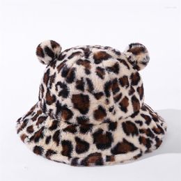 Berets Faux Fur Leopard Cow Zebra Cute Ear Womens Winter Bucket Hat Thick Warm Lady Girl Panama Outdoor Travel Velvet Fisherman