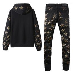 Men's Tracksuits Black Ripped Men's Sets Loose Casual Star Patch Hoodies Sweatshirt And Stretch Skinny Jeans 2pcs Suit Spring Autumn