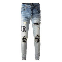 Men's Jeans Light Blue Distressed Patch Streetwear Slim Embroidered Leather Letter Pattern Damaged Skinny Stretch Ripped Jeans 903