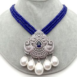 Fashion Jewellery 19" White Shell Pearl Pendant 3 strands Blue Jade Necklace