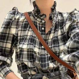 Women's Blouses Boho Inspired Plaid Shirt Women Ruflled Neckline Buttons Casual Autumn Chic Streetwear Tops Shirts