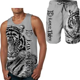 Men's Tracksuits Summer Fashion Top/ Shorts/2PC Sets Cool Tiger Print Tank Tops Mens Vest Sportwear Clothing 221202