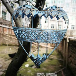 Candle Holders Hollow Out Rustic Retro Blue Decorative Hanging Metal Heart Holder