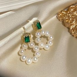 Dangle Earrings Korea Design Fashion Jewellery Square Green Zircon Round Freshwater Pearl Pendant Earring Elegant Women Gala Party Accessories