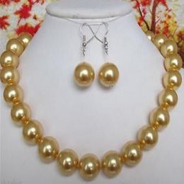 10mm Yellow Round South Sea Shell Pearl Beaded Necklace 18'' Earrings Set