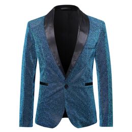 Men's Suits Blazers Shawl Lapel Blazer Slim Fit One Button Shiny Blue Glitter Suit Jacket DJ Nightclub Stage Singer Clothes Costume Homme 221201