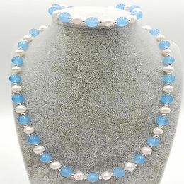 7-8mm White Pearl 8mm Jade Beads Necklace 18'' Bracelet 7.5'' Set AAA