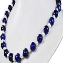 Natural 10mm Blue Lapis Lazuli Gemstone 7-8mm Pearl Necklace 18"