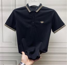 Men's Polos 2023 Casual Embroidered Bee Khaki Shirt Top Summer Lapel Short Sleeve T-shirt Korean Fashion Clothing Mens Polos