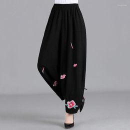 Women's Pants Woman Summer Cotton Linen Cropped Trousers Middle-Aged Embroidered Spring Autumn Mom Casual Black Wide Leg Female