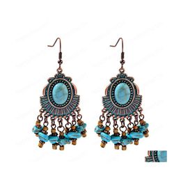 Dangle Chandelier Boho Jewelry Earring Bohemian Vintage Ethnic Blue Natural Stone Tassel Water Drop Earrings For Women Girls Pendi Dhvzo