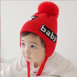 winter children warm hat infant Fleece Lined Faux ball Fur Pom Poms Knitted Slouchy Beanie Hat Kids Thick crochet Snow Acrylic Knit beanies ear flap skully cap