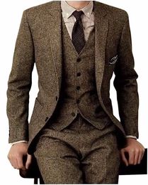 Men's Suits Blazers Brown Tweed Men 3 Pieces Formal Business Suit Set Custom Gentle Mens Groom Wedding Dress Blazer Suit Jacket Pants Vest 221201