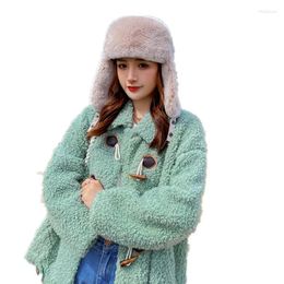 Berets Warm Bomber Hats Earflap Russian Hat Real Rex Fur Women Winter Windproof Skiing Snow