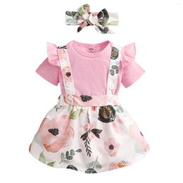 Clothing Sets 0-24M Cute Born Baby Girl Short Sleeve Cotton Bodysuit Tops Floral Suspender Skirt Headband 3PCS Set