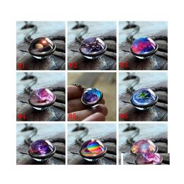 Pendant Necklaces 9Colors Solar System Planet Galaxy Double Side Glass Pattern Pendant Necklace Chain Man Women Charm Jewellery Drop D Dh0Ck