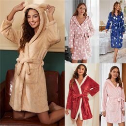 home clothing Thicken Fuzzy Robes Bathrobe Long Women Cute Ear Warm Hooded Rabbit Flannel Kimono Bath Dressing Gown Velvet Sleepwear 221202