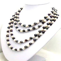 6-7mm Round Freshwater White Black Pearl Necklace Women Long Necklace 80''