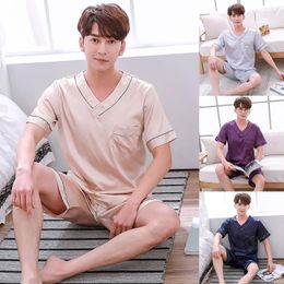 Men's Sleepwear Mens Silky Satin 2 Piece Pyjamas Set Short Sleeve V-Neck Pullover T-Shirt Top With Elastic Waist Shorts Solid