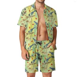 Men's Tracksuits Watercolor Birds Men Sets Woodland Animal Casual Shorts Summer Streetwear Beachwear Shirt Set Short-Sleeved Oversize Suit