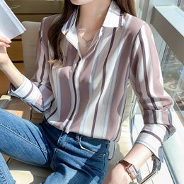 Women's Blouses Fashion Woman 2022 Striped Shirts Long Sleeve Womens Tops Button Up Shirt Polo Neck Female Clothing Basic OL Ladies