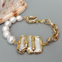Strand KKGEM Natural 32x35mm White Biwa Pearl Connector Cultured Rice Gold Color Plated Chain Bracelet 8" Spring Clasp