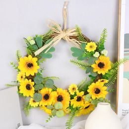 Decorative Flowers Artificial Sunflower Summer Wreath Fake Flower With Yellow And Green Leaves For Front Door