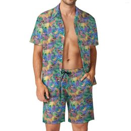 Parcours masculins Coloreful Forest Print Men Set Animal Animal Animal Vintage Casual Shirt Set Short Short Summer Sumwear Sumwear Large