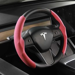 Tesla Steering Wheel Cover for Tesla Model 3 Model Y Model S Black Red Carbon Fibre Leather Anti-fur Sport Steering Wheel224C