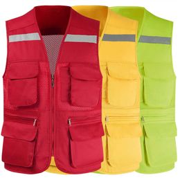 Industrial Reflective Safety Vest Men's Summer Mesh Fishing Vest Photography Work Multi-Pockets Outdoors Journalist's Vest Sleeveless Jackets