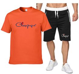Sportsuits Set Men Tracksuit Brand Fitness Suits Summer 2PC Top Short Set Mens Stand Collar Fashion 2 Pieces T-shirt Shorts Brand LOGO Print
