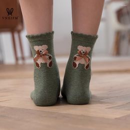 Women Socks Autumn And Winter Japanese Bear Embroidery Tube Female Ins Cute Sweet Wild Pile College Style Soft Casual Cotton Soc