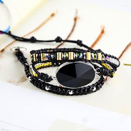 Strand Native Inspired Designer Leather Bracelet Black Onyx Mix 3 Strands Woven Wrap Bangles Bohemian Jewellery Dropship