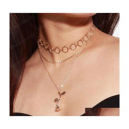 Pendant Necklaces Mti Layer Circle Ring Pendant Necklace Alloy Rose Flower Chokers Women Girls Fashion Snake Chains Jewellery Accessor Dho9H