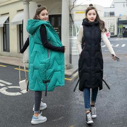 Women's Vests Pocket Solid Colour Hooded Down Padded Jacket Long Vest Women's Autumn And Winter Fashion Korean Version Casual Black Coat