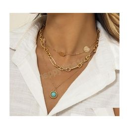 Pendant Necklaces Boho Turquoise Pendant Necklace Womens Mtilayer Retro Fashion Gold Round Sequin Clavicle Necklaces Girls Glamour J Dhbqz