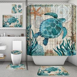 4Pcs/Set Bathroom Shower Curtain Toilet Mat Ocean Beach Starfish Shell Dolphin Sea Turtle Octopus Printed Waterproof Bath Mats Curtains with Non-Slip Carpet Rugs