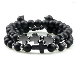 Strand 2pcs Men Cross Beads Bracelets Natural Lava Rock Stone Onyx Meditation Prayer Bracelet Handmade Bangles Charm Jewelry