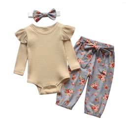 Clothing Sets Baby Girl Born Set Infant Clothes 3pcs Autumn Outfit Long Sleeve Rib Knit Romper Print Pants Headband Suit